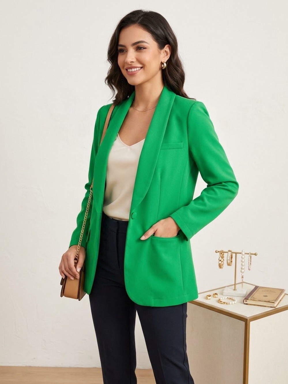 MELLODAY Bright Green Single-Button Blazer